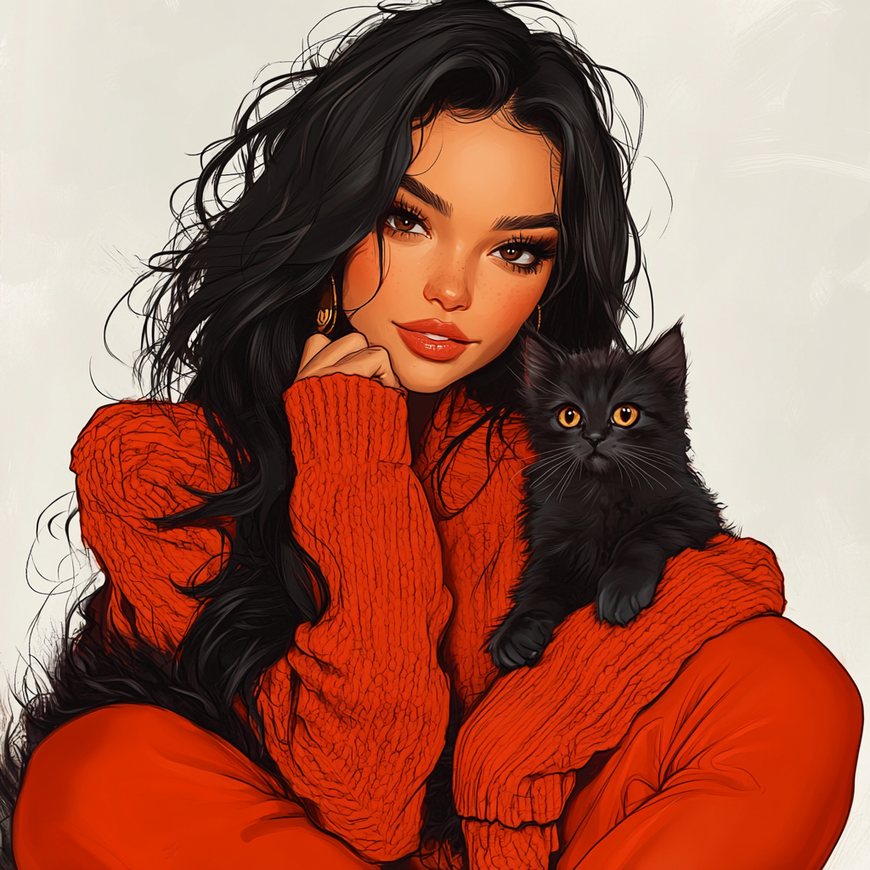 Soft Illustration of Woman with Kitten