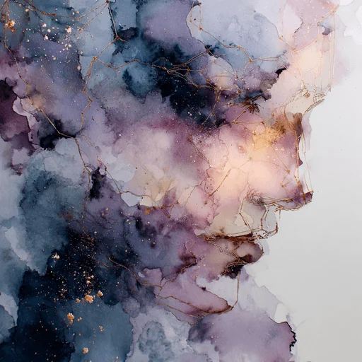 Abstract Watercolor Profile with Rose-Gold Constellations