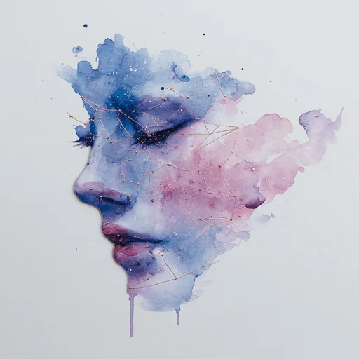 Abstract Watercolor Profile with Rose-Gold Constellations