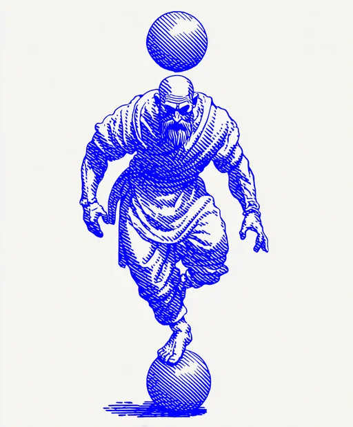 Busker Balancing Ball and Egg in Blue Ink