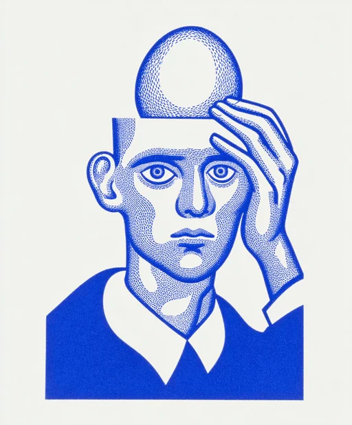 Busker Balancing Ball and Egg in Blue Ink