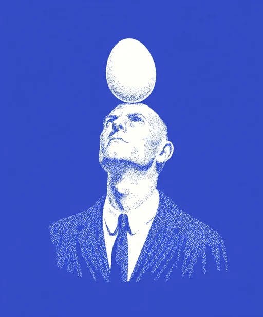 Busker Balancing Ball and Egg in Blue Ink