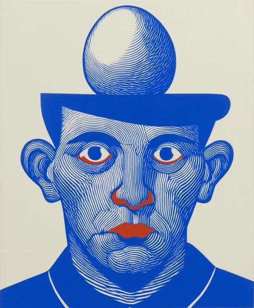 Busker Balancing Ball and Egg in Blue Ink