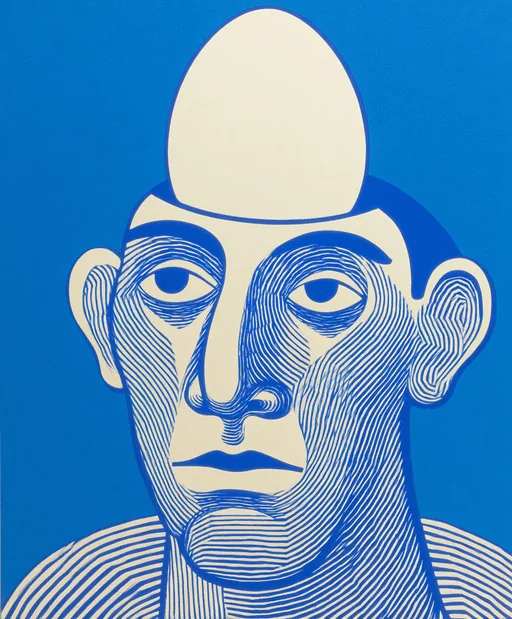 Busker Balancing Ball and Egg in Blue Ink