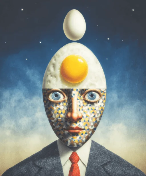 Busker Balancing Ball and Egg in Blue Ink