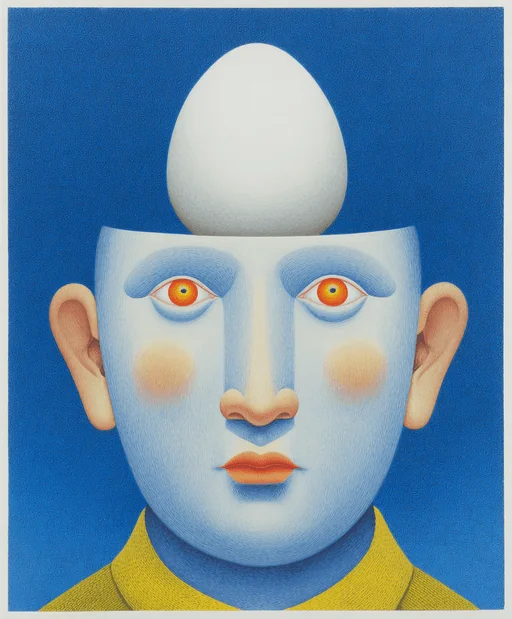 Busker Balancing Ball and Egg in Blue Ink