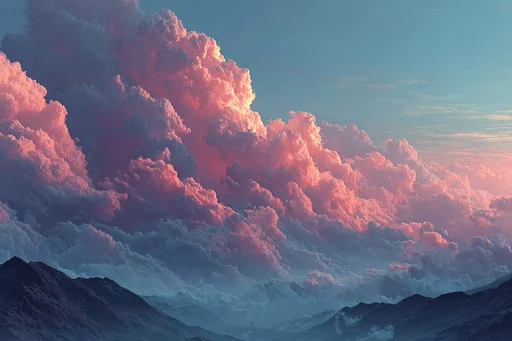 Pink Sunset Clouds Over Mountain Ridge