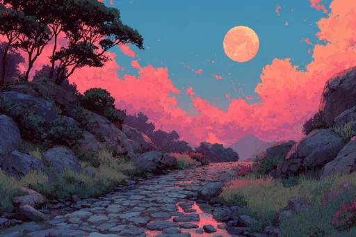 Pink Sunset Clouds Over Mountain Ridge