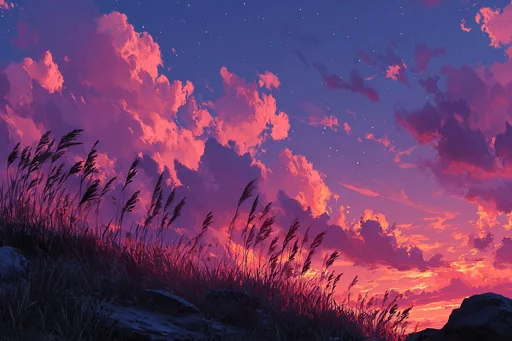 Pink Sunset Clouds Over Mountain Ridge