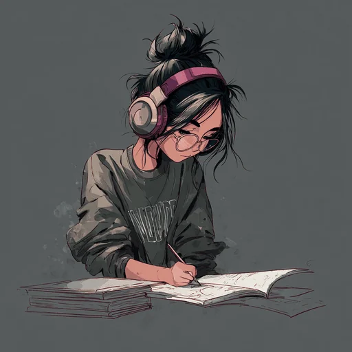 Girl with Headphones Studying Lo-Fi Style