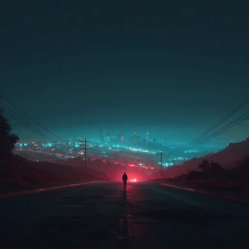 Silhouette on Neon-Lit Back Road at Night
