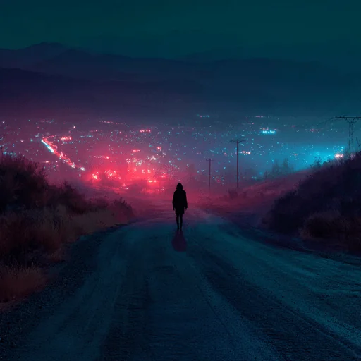 Silhouette on Neon-Lit Back Road at Night
