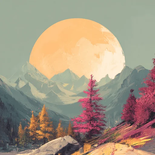 Mountain Landscape with Giant Sun and Colorful Trees