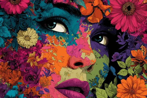 Funky Woman Face with Colorful Flowers