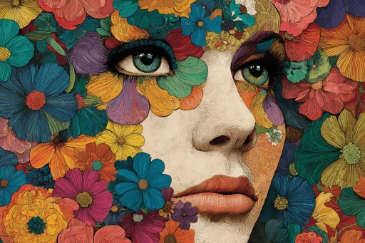 Funky Woman Face with Colorful Flowers