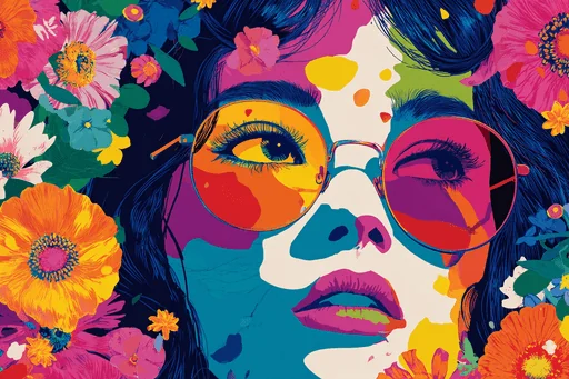 Funky Woman Face with Colorful Flowers
