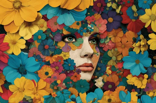 Funky Woman Face with Colorful Flowers