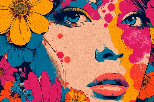 Funky Woman Face with Colorful Flowers