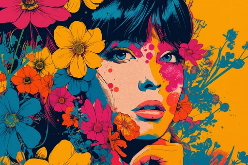 Funky Woman Face with Colorful Flowers