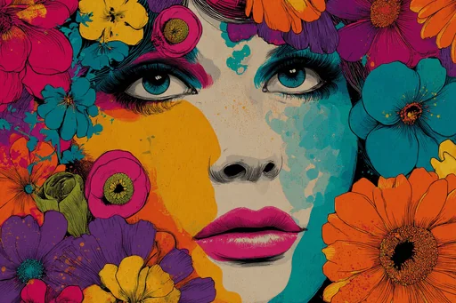 Funky Woman Face with Colorful Flowers