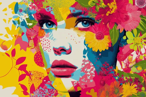 Funky Woman Face with Colorful Flowers