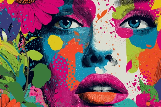 Funky Woman Face with Colorful Flowers