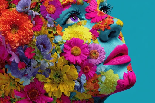 Funky Woman Face with Colorful Flowers