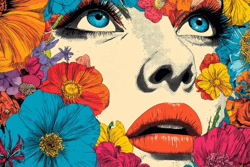 Funky Woman Face with Colorful Flowers