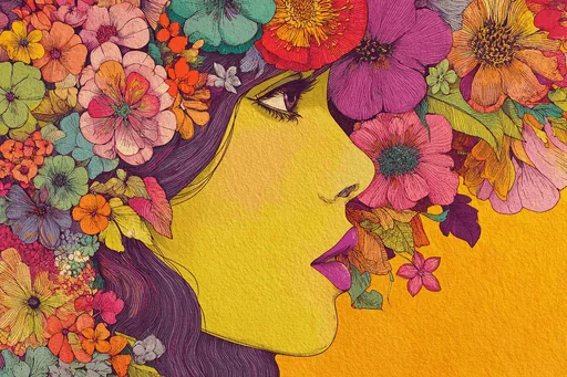 Funky Woman Face with Colorful Flowers