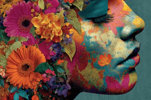 Funky Woman Face with Colorful Flowers