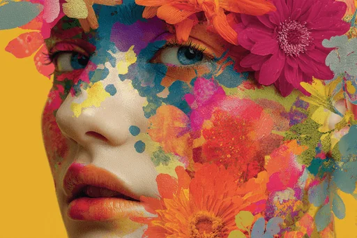 Funky Woman Face with Colorful Flowers