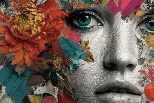 Funky Woman Face with Colorful Flowers