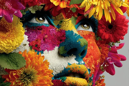 Funky Woman Face with Colorful Flowers