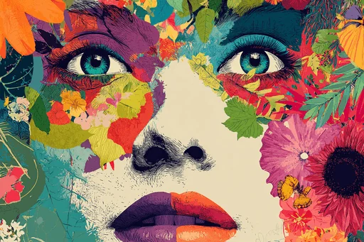 Funky Woman Face with Colorful Flowers