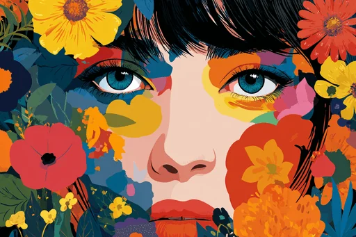 Funky Woman Face with Colorful Flowers