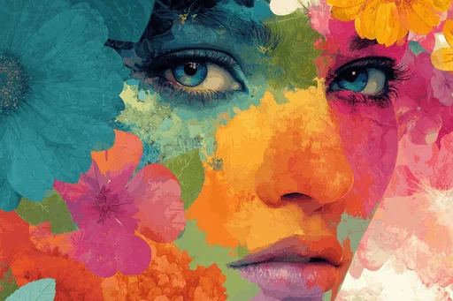 Funky Woman Face with Colorful Flowers