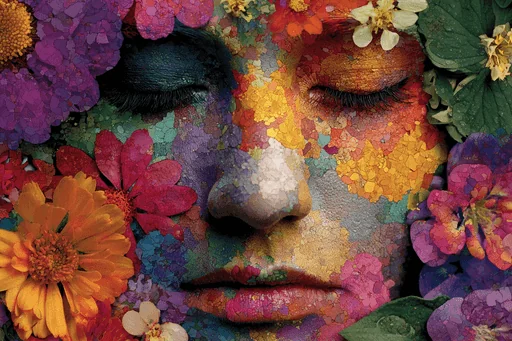 Funky Woman Face with Colorful Flowers