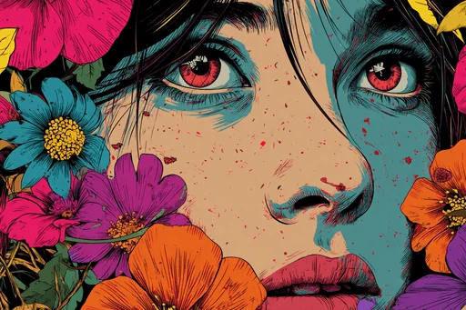 Funky Woman Face with Colorful Flowers