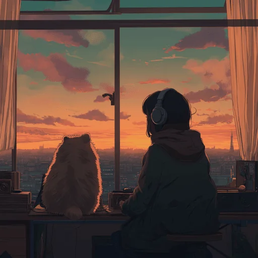 Japanese Girl and Pomeranian Watching Sunset