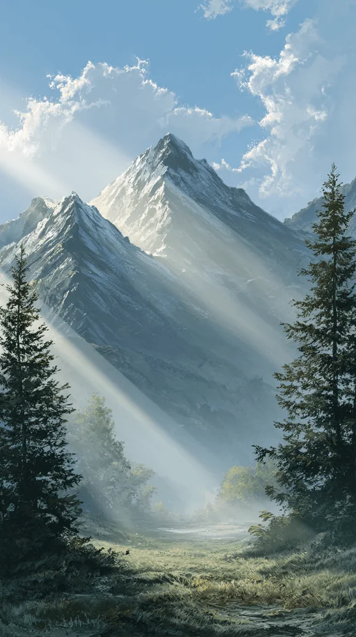 Sunlit Mountain Peaks with Forest Valley