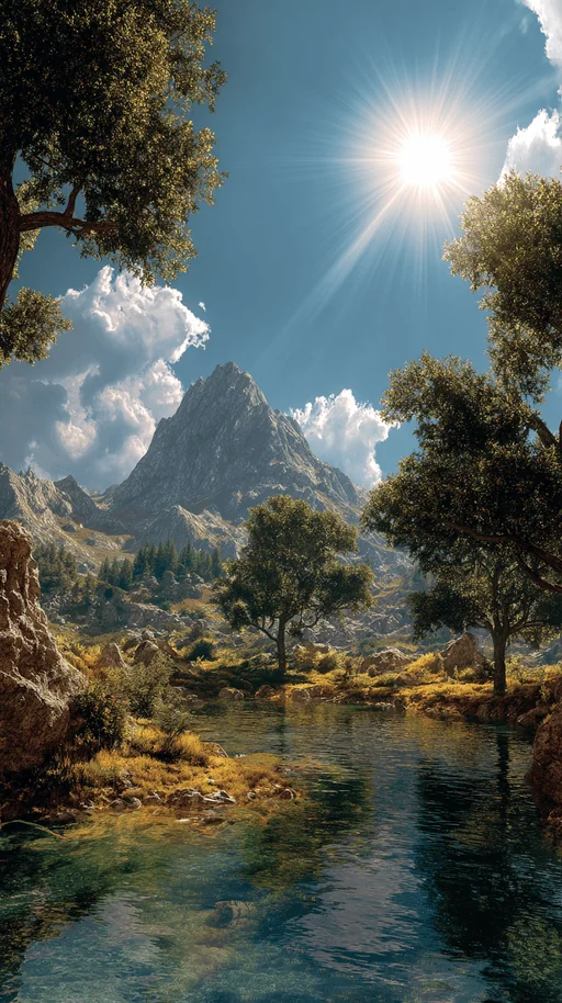 Sunlit Mountain Peaks with Forest Valley