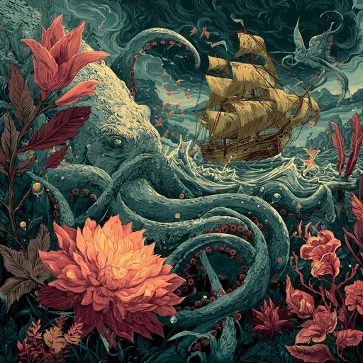 Kraken Menacing Ship with Giant Tentacles