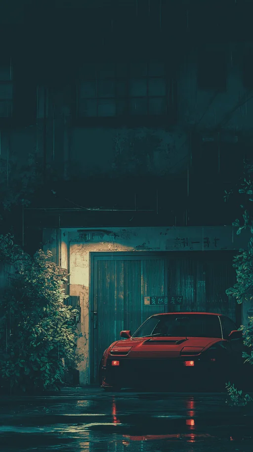 Red Sports Car Parked Outside Old House at Night