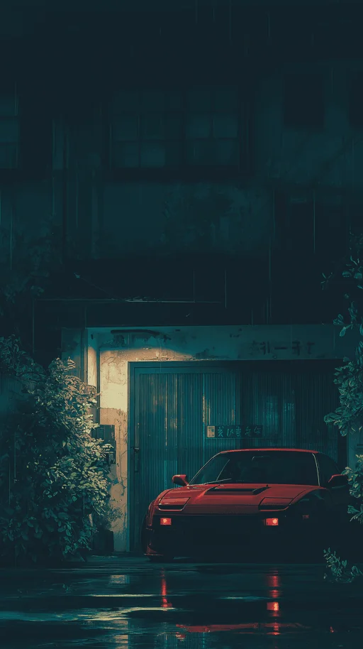 Red Sports Car Parked Outside Old House at Night