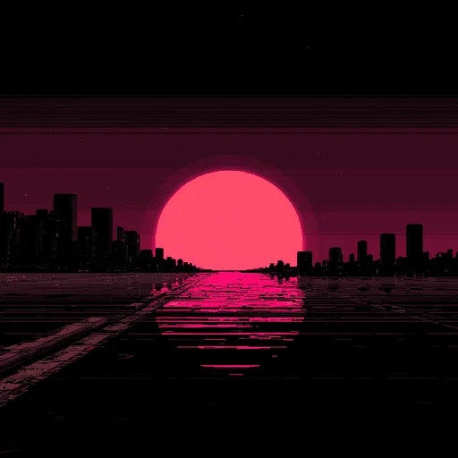16-bit Pink Sunset Over Futuristic Cityscape