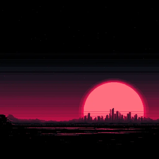 16-bit Pink Sunset Over Futuristic Cityscape