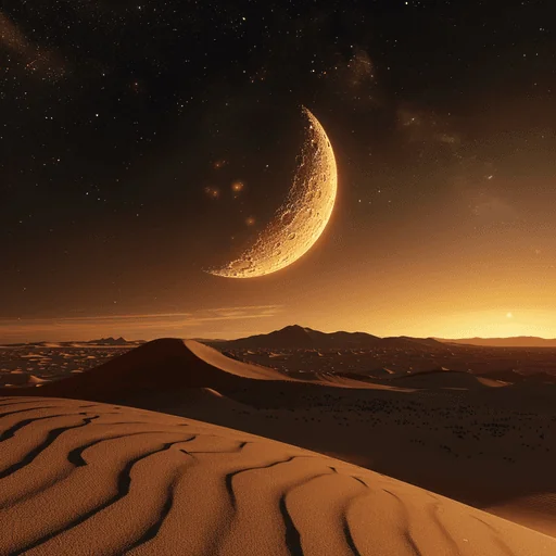 Half Moon Rising Over Desert Sand Dunes