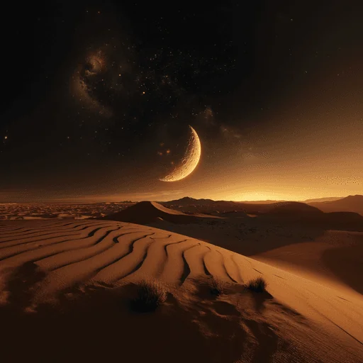 Half Moon Rising Over Desert Sand Dunes