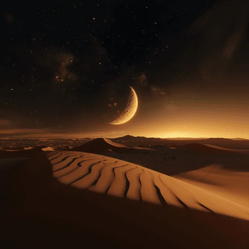 Half Moon Rising Over Desert Sand Dunes