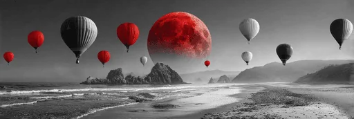 Blood Moon and Black-White Hot Air Balloons Over Beach